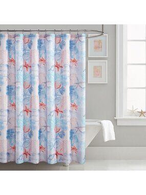 Shower Curtain Fabric Coastal Starfish Seashell Coral Blue Print 70" X 72"